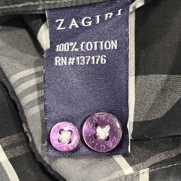Zagiri Mens L Purple Black Plaid Button Up Flip Cuffs Embroidered Stich Shirt - Picture 10 of 11